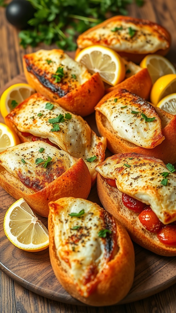 Platter of bread and fish snacks, garnished with herbs and lemon, ready for sharing.